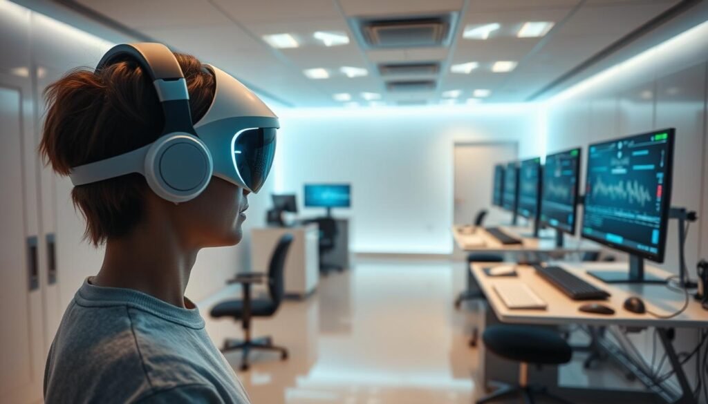 A clinical laboratory with advanced neurofeedback technologies. In the foreground, an individual wearing a high-tech headset connected to a sleek, modern biofeedback device. The middle ground features rows of computer monitors displaying brain activity data and personalized cognitive optimization programs. The background showcases a clean, minimalist room with dynamic lighting that creates a calming, futuristic atmosphere. The scene conveys the cutting-edge nature of mental biohacking, with a focus on personalized, data-driven cognitive enhancement techniques.