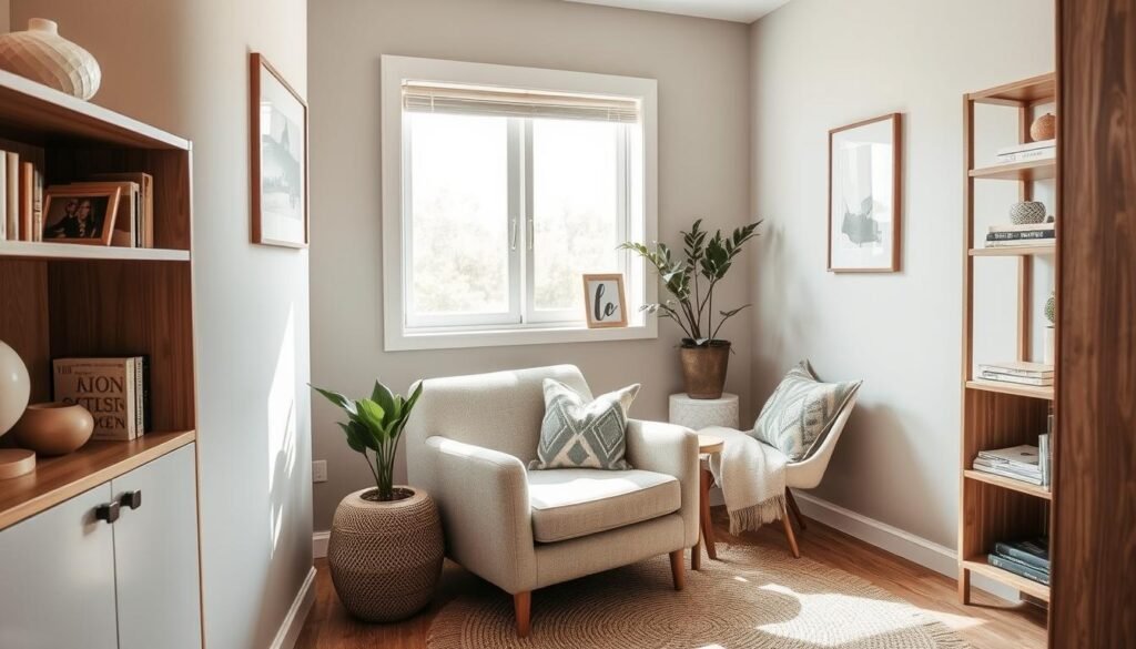 A cozy and inviting small space interior showcasing the latest design trends. A sun-drenched corner with a plush armchair and a potted plant, accented by warm wood tones and soft textiles. Muted pastel walls provide a serene backdrop, while geometric patterns on pillows and a woven area rug add visual interest. Minimalist shelving displays decorative objects and books, creating a harmonious balance. Gentle side lighting casts a flattering glow, highlighting the thoughtful curation of this intimate and inspiring living area.