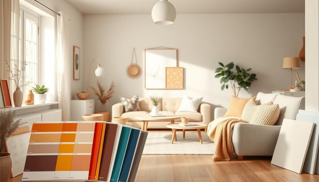 A cozy, well-lit interior with a selection of harmonious color palettes showcased on the walls and furnishings. The foreground features carefully curated paint swatches, fabric samples, and decorative items arranged in a visually pleasing manner. The middle ground depicts a minimalist, Scandinavian-inspired living room setting with neutral tones accented by pops of vibrant hues. The background offers a warm, natural lighting source, casting a soft glow and creating a serene, inviting atmosphere. The overall composition highlights the versatility and beauty of complementary color combinations, inspiring viewers to experiment with pairing colors in their own spaces.