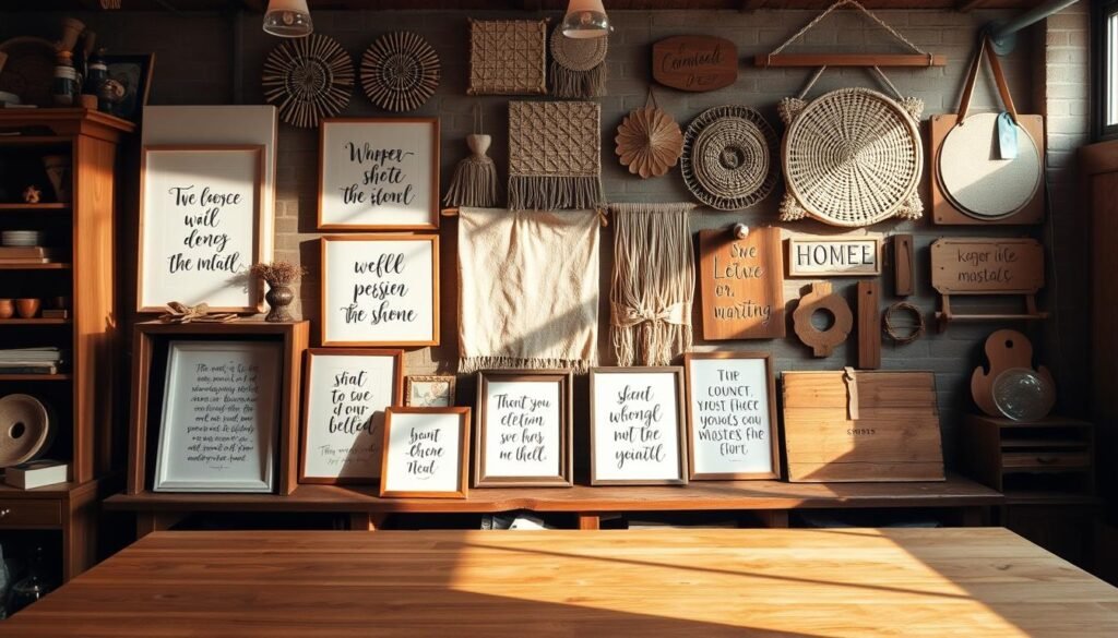 A cozy, well-lit studio space with a wooden workbench in the foreground, displaying various handmade wall art pieces. In the middle ground, an assortment of framed pieces featuring inspirational quotes, hand-lettered calligraphy, and simple illustrations. The background showcases a gallery wall with an eclectic mix of textured canvases, woven hangings, and wooden signs, creating a harmonious, artisanal atmosphere. Warm, natural lighting illuminates the scene, casting soft shadows and highlighting the intricate textures and craftsmanship of the pieces. The overall mood is one of creativity, warmth, and a sense of personal expression.