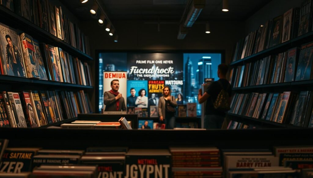 A dimly lit comic book store, with shelves showcasing a diverse array of graphic novels. In the foreground, a selection of lesser-known titles and independent comics catch the eye, their covers hinting at unique, captivating stories. The middle ground features a display of upcoming film and TV adaptations, with character illustrations and intriguing artwork. The background is a blurred cityscape, suggesting the expanding reach of these literary gems as they transition to the screen. Soft, warm lighting casts an inviting glow, creating an atmosphere of discovery and anticipation for the hidden gems awaiting the reader.