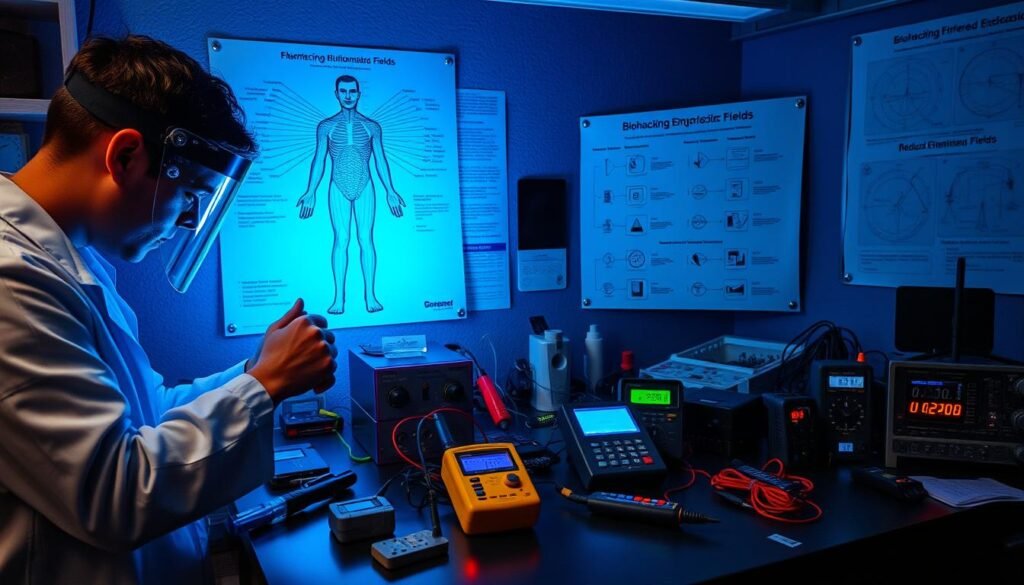 A dimly lit laboratory workspace, with an array of high-tech gadgets and tools scattered across the workbench. In the foreground, a person in a lab coat performs delicate adjustments on a device emitting a faint blue glow, their face partially obscured by a protective face shield. The middle ground showcases various measurement instruments, including a gauss meter and an EMF detector, each displaying readings. In the background, a large diagram depicting the human body's electromagnetic fields hangs on the wall, accompanied by charts and diagrams outlining biohacking techniques for reducing EMF exposure. The overall atmosphere is one of focused scientific inquiry, with a sense of purpose and attention to detail.