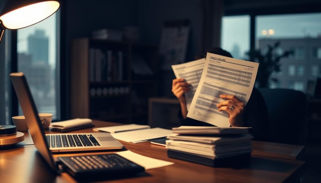 A dimly lit office interior, with a desk in the foreground featuring a laptop, a stack of financial documents, and a calculator. In the middle ground, a person sitting at the desk, deep in thought, reviewing credit report printouts. The background is blurred, hinting at shelves of financial records and a window overlooking a cityscape. The lighting is warm and focused, creating a sense of concentration and purpose. The overall mood is one of diligence and determination to improve one's credit score.