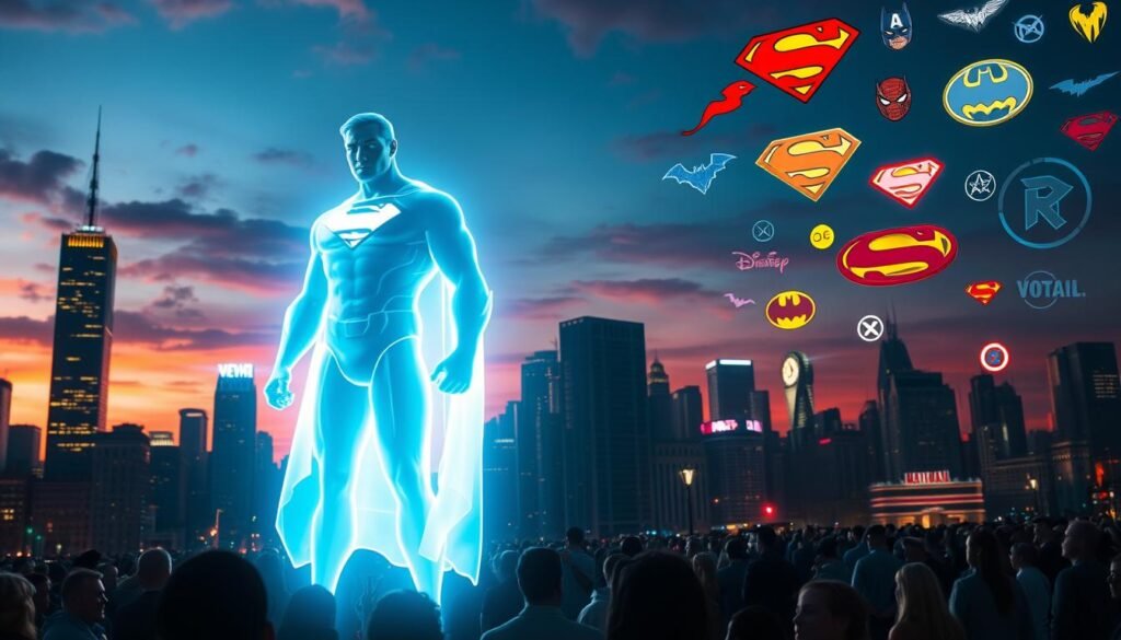 A dynamic city skyline at dusk, bathed in a vibrant neon glow. In the foreground, a larger-than-life holographic silhouette of a superhero figure stands tall, emanating a powerful aura. In the middle ground, crowds of people gather, their faces illuminated by the soft lighting, awestruck by the superhero's presence. In the background, various iconic superhero logos and symbols float in the air, reflecting the cultural significance and widespread influence of the genre. The scene exudes a sense of wonder, excitement, and the undeniable impact of superhero stories on the collective imagination.