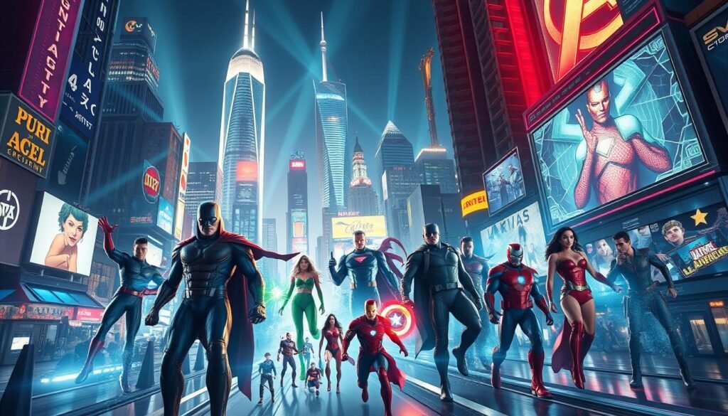 A dynamic, futuristic cityscape with towering skyscrapers and neon-lit streets. In the foreground, a collage of comic book characters and superheroes come to life, their vibrant costumes and powers manifesting against the backdrop of a sleek, technologically-advanced metropolis. Beams of light from holographic displays and projection screens illuminate the scene, casting an otherworldly glow. The composition is framed by a cinematic, wide-angle lens, capturing the grandeur and scale of this vision of 2025, where streaming platforms have ushered in a new era of comic book adaptations that blur the line between the page and the screen.