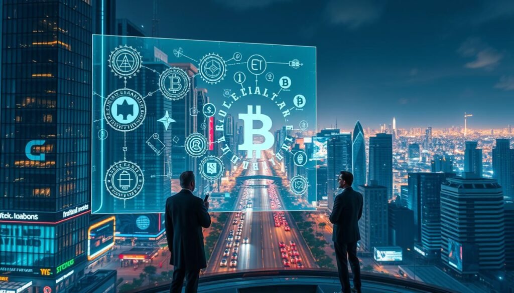 A futuristic cityscape with towering glass skyscrapers, neon-lit streets, and a bustling urban environment. In the foreground, a stylized holographic display depicts intricate blockchain diagrams, cryptocurrency symbols, and regulatory policies. The midground features government officials, financial advisors, and tech entrepreneurs engaged in discussions, highlighting the complex interplay between innovation and regulation. The background showcases a vast, glowing digital landscape, hinting at the pervasive influence of blockchain technology. Dramatic lighting, a cinematic camera angle, and an atmosphere of tension and anticipation convey the high-stakes nature of crypto regulation in 2025.