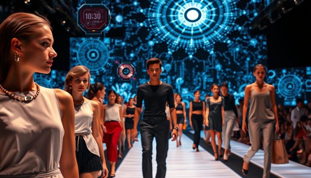 A futuristic fashion show runway featuring a diverse range of stylish wearable gadgets. In the foreground, models showcase sleek, minimalist tech-infused jewelry and accessories glowing with soft ambient lighting. In the middle ground, a collection of advanced smart watches and fitness trackers with elegant, high-end designs. The background is a dynamic, holographic projection of intricate data visualizations and techno-organic patterns, creating an immersive, high-tech ambiance. The lighting is dramatic, with warm highlights and cool shadows, accentuating the modern, sophisticated aesthetic. The overall mood is one of innovation, style, and the seamless integration of technology into everyday fashion.