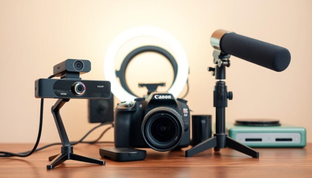 A neatly organized desk with an array of budget-friendly content creation tools. In the foreground, a high-quality webcam and a studio-style microphone sit atop the desk, both equipped with flexible arms for optimal positioning. In the middle ground, a compact ring light casts a warm, flattering glow, while a DSLR camera with a wide-angle lens captures the scene. The background features a simple, neutral-toned backdrop, allowing the tools to take center stage. The overall mood is one of efficiency and productivity, showcasing how aspiring creators can build a professional-grade setup without breaking the bank.