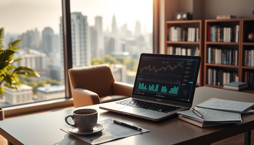 A serene, sunlit scene of a modern office, with a large window overlooking a bustling city skyline. In the foreground, a sleek, minimalist desk with a laptop, a cup of coffee, and various financial documents. On the screen, a visualization of cryptocurrency charts and analytics. The middle ground features a comfortable leather chair, and a bookshelf filled with finance and technology-related books. The background is softly blurred, with hints of lush greenery outside the window, creating a calming and focused atmosphere. The overall mood is one of contemplation, research, and the pursuit of cryptocurrency investment opportunities.