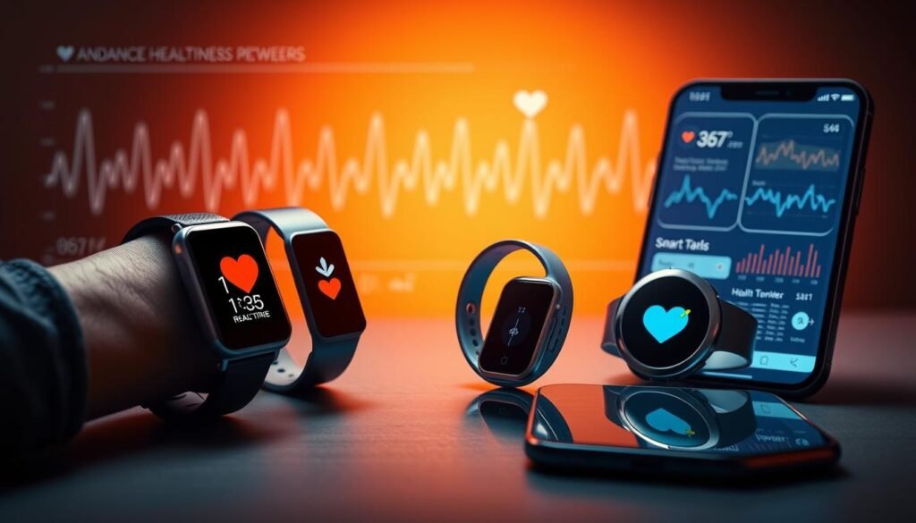 A sleek, high-tech composition featuring an array of contemporary health monitoring devices. In the foreground, a wrist-worn fitness tracker and a smart watch with a heart rate sensor display real-time biometric data. In the middle ground, a wireless activity band and a pendant-style heart monitor sync seamlessly with a nearby smartphone. The background is adorned with a futuristic, minimalist medical interface, showcasing vital signs and health metrics. Warm, soft lighting illuminates the scene, creating an atmosphere of advanced wellness and personal empowerment. The overall impression is one of cutting-edge technology seamlessly integrated into a holistic approach to health and wellbeing.