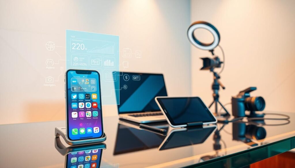 A sleek, modern workspace with a variety of social media marketing tools arranged neatly on a glass desk. In the foreground, a high-resolution smartphone displays various social media app icons. Hovering above it, a holographic display showcases real-time analytics and engagement metrics. In the middle ground, a state-of-the-art laptop and a tablet with a stylus sit alongside a professional-grade camera and a ring light. The background features a minimalist white wall with subtle geometric patterns, creating a clean and focused atmosphere. Warm, directional lighting casts soft shadows, emphasizing the high-tech and productivity-driven nature of the scene.