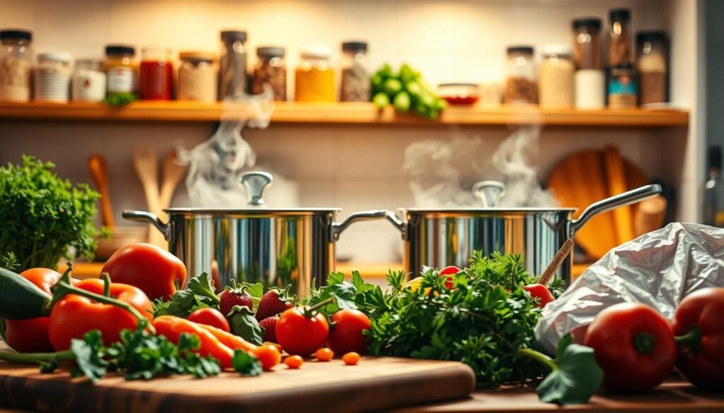 A vibrant, beautifully lit kitchen scene showcasing the art of vegan cooking. In the foreground, a wooden cutting board displays an assortment of fresh, colorful vegetables and herbs. Midground, a gleaming stainless steel pot simmers with a fragrant plant-based stew, wisps of steam rising. The background features shelves stocked with jars of spices, grains, and other vegan staples, bathed in warm, soft lighting. The overall atmosphere exudes a sense of warmth, comfort, and culinary inspiration, inviting the viewer to explore the delicious possibilities of a plant-based lifestyle.