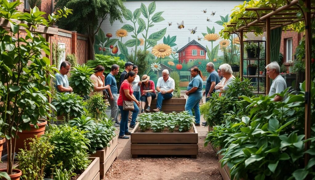 A vibrant community garden, brimming with lush, verdant plants and tended by a diverse group of people. In the foreground, a group of neighbors gather around a central planting bed, their faces alight with enthusiasm as they share tips and advice. In the middle ground, a cozy seating area invites visitors to pause and connect, with planters and trellises framing the scene. The background reveals a mural depicting a thriving urban ecosystem, complete with buzzing pollinators and a sense of harmony between nature and the built environment. Soft, natural lighting casts a warm glow, fostering a welcoming and inclusive atmosphere that embodies the spirit of plant-based living.