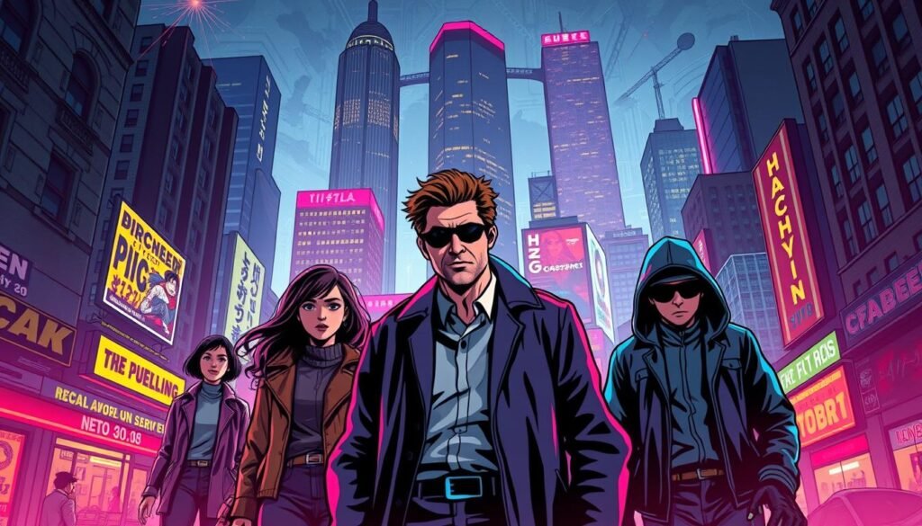 A vibrant indie comics TV series set in a gritty, neon-drenched cityscape. In the foreground, a diverse cast of characters - a rebellious teenager, a world-weary PI, and a tech-savvy hacker - navigate a complex web of intrigue and corruption. The middle ground features dynamic panel layouts, bold colors, and striking visual motifs reminiscent of classic graphic novels. In the background, towering skyscrapers and a moody, atmospheric lighting create a sense of scale and urban isolation. Cinematic camera angles, dynamic compositions, and a moody, synth-driven soundtrack evoke the energy and style of independent comics brought to life on the small screen.