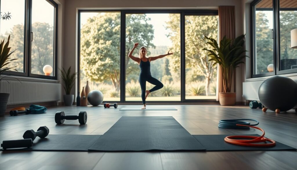 A well-lit, balanced fitness routine scene in a modern, minimalist home gym. In the foreground, a yoga mat with various exercise equipment like dumbbells, resistance bands, and a stability ball. In the middle ground, a person performing a strength training exercise with perfect form. In the background, large windows letting in natural light and overlooking a lush, tranquil outdoor landscape. The lighting is warm and soft, creating a serene, inviting atmosphere. The overall composition conveys a sense of harmony, balance, and a holistic approach to physical wellness.