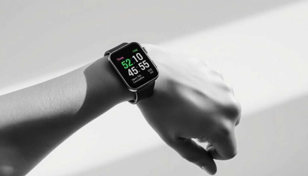 A well-lit, high-resolution image of a fitness tracker display on a person's wrist, capturing various fitness metrics such as steps taken, heart rate, and calories burned. The tracker should have a sleek, modern design and be positioned against a minimalist, monochrome background that creates a sense of focus and clarity. Subtle shadows and highlights should accentuate the contours of the device, and the overall composition should convey a sense of effortless monitoring and progress tracking.