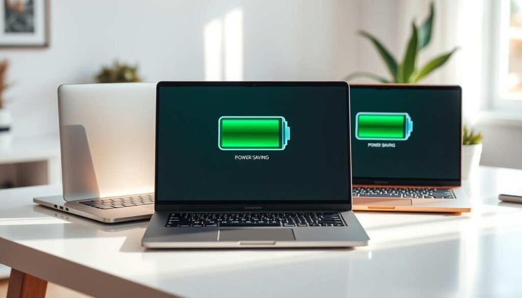 A well-lit home office setting with three high-end laptops positioned prominently on a clean, minimalist desk. The laptops feature sleek, metallic designs in silver, black, and rose gold. Their screens display power-saving battery icons, indicating exceptional battery life. Soft, natural lighting illuminates the scene, creating a serene, productive atmosphere. The background features a blurred, out-of-focus window, hinting at the laptops' potential for remote work and travel. The composition emphasizes the laptops' portability and longevity, conveying their suitability for professionals who value mobility and uninterrupted productivity.