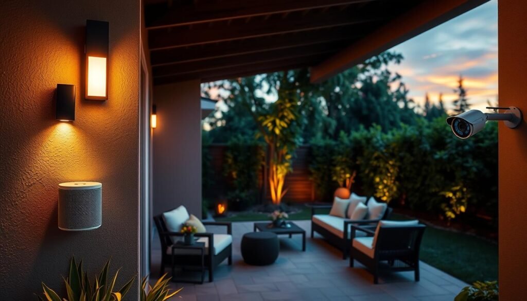Outdoor smart devices illuminating a serene backyard at dusk. A sleek, modern patio with a smart speaker, weather-resistant smart lighting, and a smart surveillance camera discreetly mounted on the wall. The smart devices seamlessly blend into the lush greenery and comfortable patio furniture, creating a harmonious, high-tech oasis. Warm, ambient lighting casts a soft glow, while a crisp, high-resolution camera captures the scene. The overall atmosphere is one of effortless technology enhancing an inviting outdoor living space.