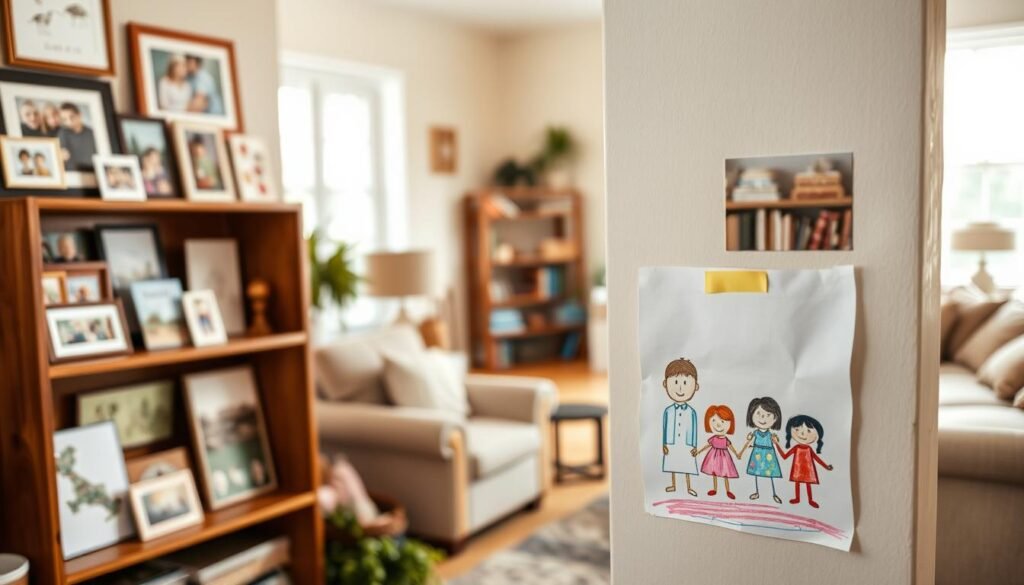 a family-inspired arts and crafts scene in a cozy, well-lit home interior. in the foreground, a collage of framed photographs, handmade cards, and personalized artwork in various styles and media, arranged on a wooden shelving unit. in the middle ground, a child's drawing of their family taped to the wall, with colorful crayon accents. in the background, a warm, inviting living room with plush furniture, a bookshelf, and natural lighting flooding in through large windows. the overall atmosphere is one of comfort, creativity, and cherished memories.