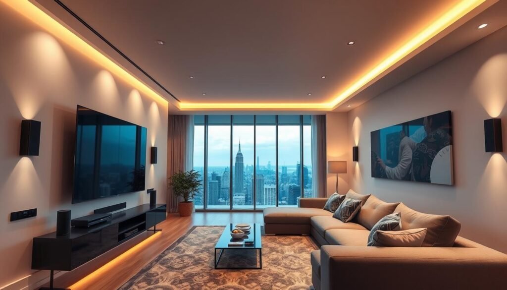 a high-tech living room interior with a sleek and minimalist design, featuring a large curved smart TV mounted on the wall, accompanied by a sophisticated sound system with built-in smart speakers and subwoofers. The room is bathed in warm, ambient lighting from recessed ceiling fixtures and subtle wall sconces, creating a cozy and inviting atmosphere. In the foreground, a modern entertainment console houses various smart home devices, including a voice-controlled smart home hub, a streaming media player, and a game console. The middle ground showcases a comfortable sectional sofa arranged in a conversational layout, accentuated by decorative throw pillows and a plush area rug. The background reveals floor-to-ceiling windows that offer a panoramic view of a cityscape, blending the indoor and outdoor spaces seamlessly.