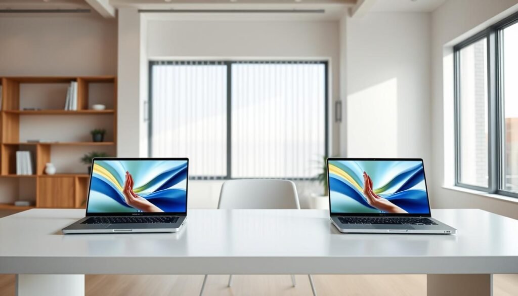 a modern, minimalist office setting with sleek, high-quality ultrabook laptops displayed prominently on a clean, white desk. the laptops should have a premium, high-tech appearance with slim, aluminum bodies and vibrant, high-resolution displays. the desk should be positioned in front of a large window, allowing natural light to flood the scene and create a bright, airy atmosphere. the overall vibe should convey a sense of productivity, efficiency and professionalism suited for remote work. the lighting should be soft and even, with a subtle warm tone that enhances the luxurious, aspirational nature of the ultrabooks. the camera angle should be slightly elevated to showcase the laptops in an attractive, flattering perspective.